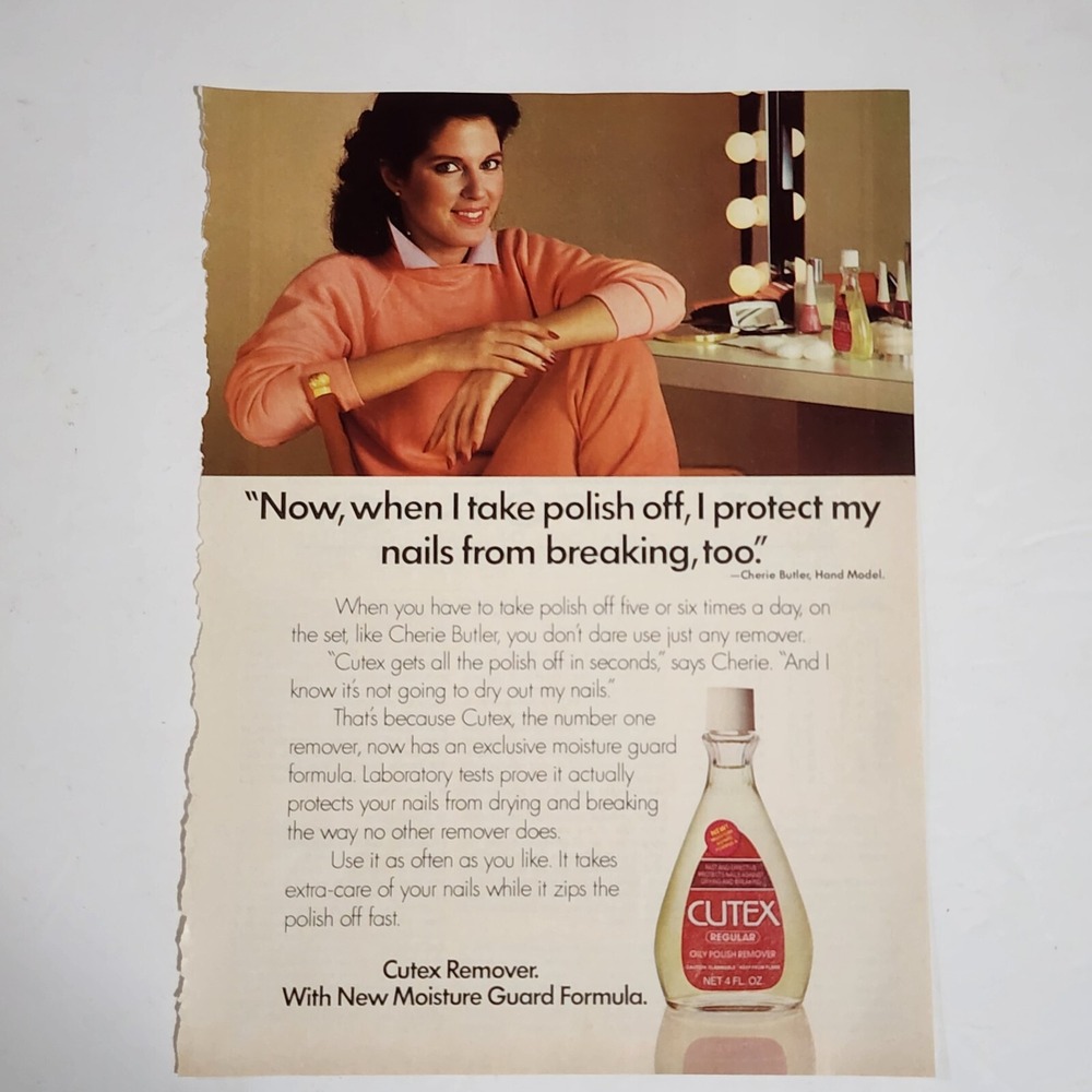 Vintage Print Ad Cutex nail polish remover Cherie Butler clipping 1983 8x10.5